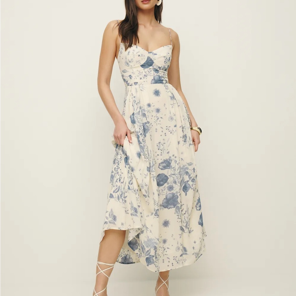 Reformation Jaelyn Dress Floral Blue and Cream Dress